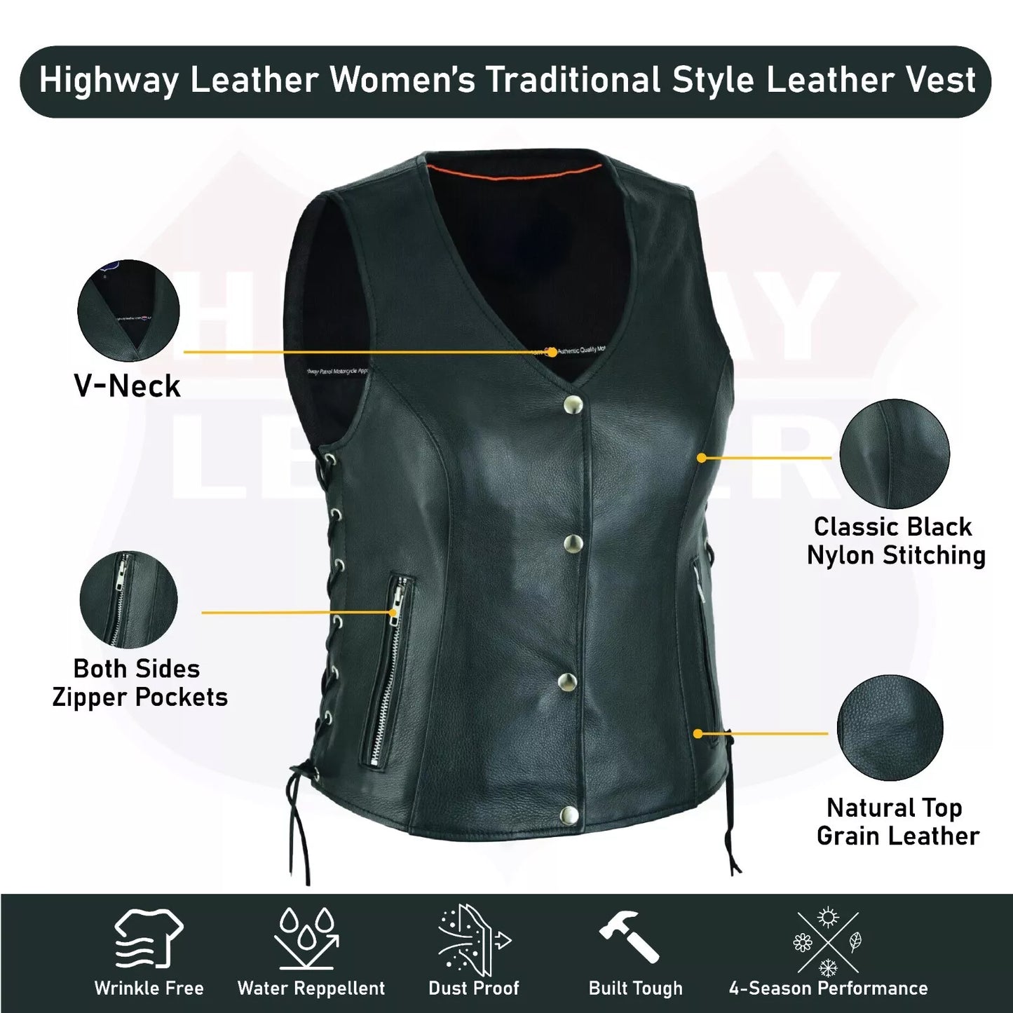 Ladies’ Leather Biker Vest – Side Lace Design with Zipper and Gun Pockets