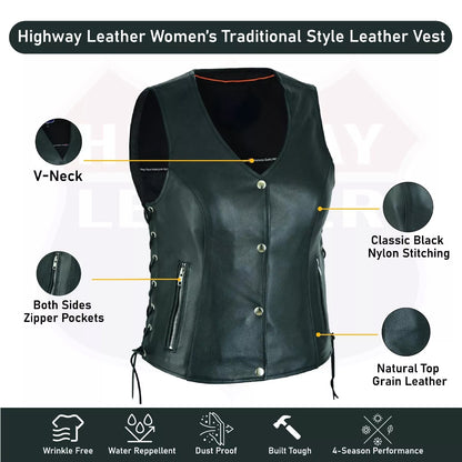 Ladies’ Leather Biker Vest – Side Lace Design with Zipper and Gun Pockets