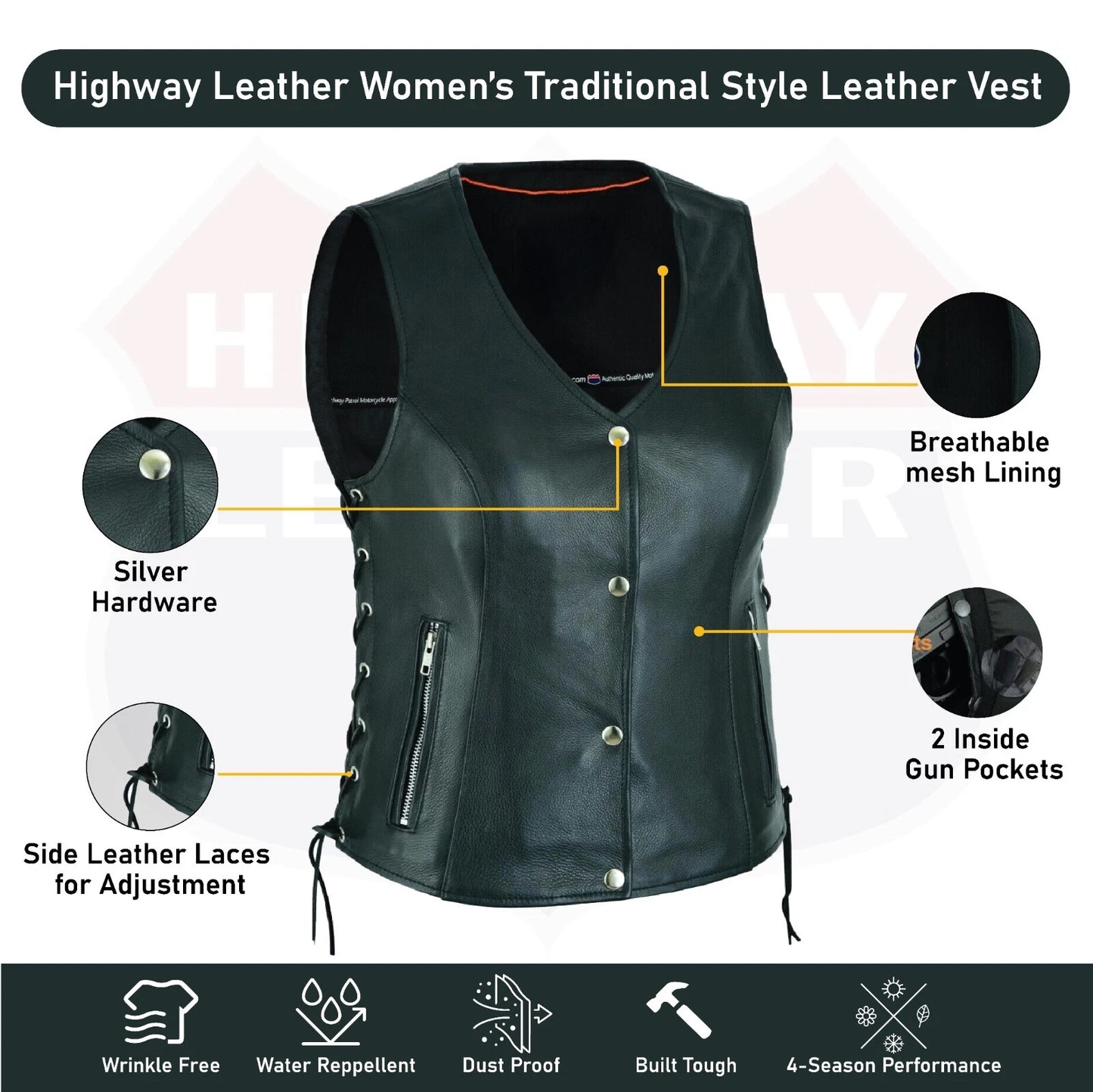 Ladies’ Leather Biker Vest – Side Lace Design with Zipper and Gun Pockets