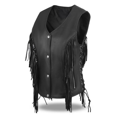 Women's Black Buffalo Leather Vest – Fringe Detail & Side Lace