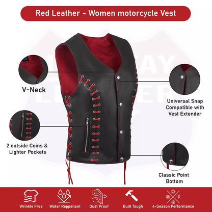 Women's Red & Black Buffalo Leather Vest – Stylish Eyelet Detailing
