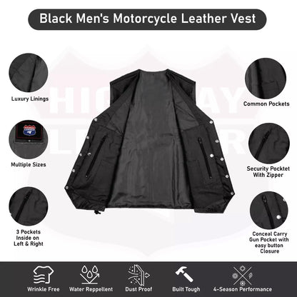 Men's Black Genuine Leather Motorcycle Vest – Multi-Pocket Biker Style Riding Gear