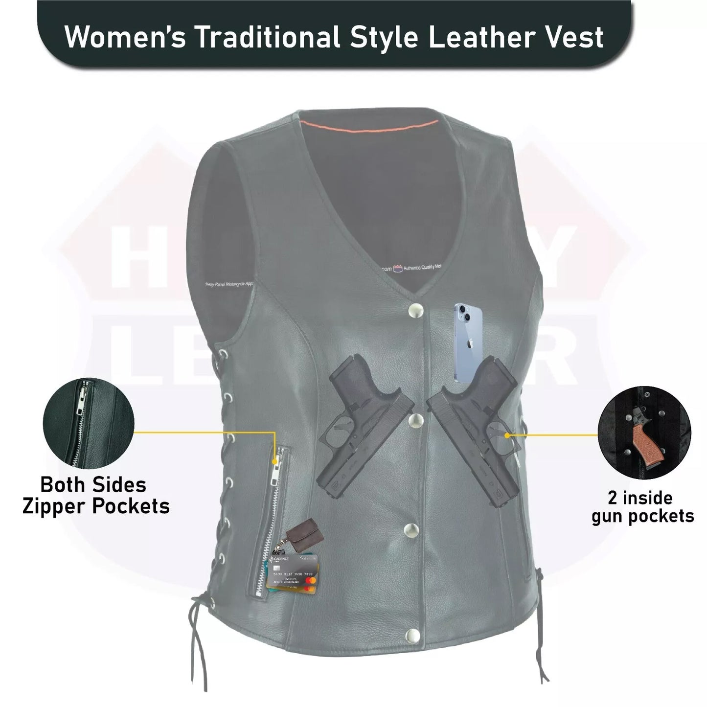 Ladies’ Leather Biker Vest – Side Lace Design with Zipper and Gun Pockets