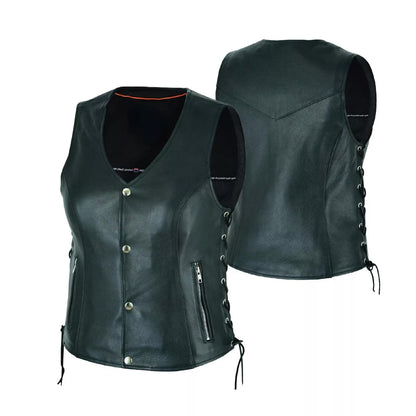Ladies’ Leather Biker Vest – Side Lace Design with Zipper and Gun Pockets