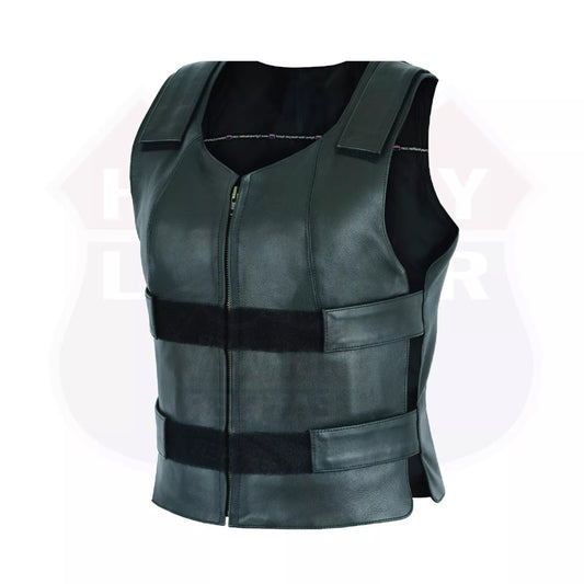 Women’s Bulletproof-Style Leather Motorcycle Vest – Tactical Biker Club Vest with Ammo Pockets