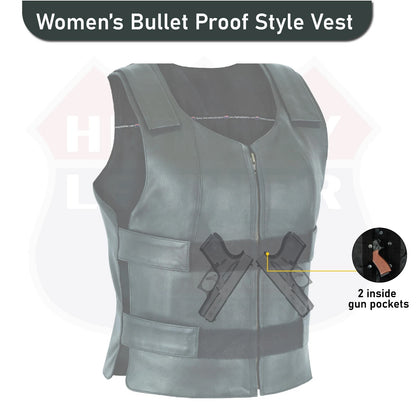 Women’s Bulletproof-Style Leather Motorcycle Vest – Tactical Biker Club Vest with Ammo Pockets