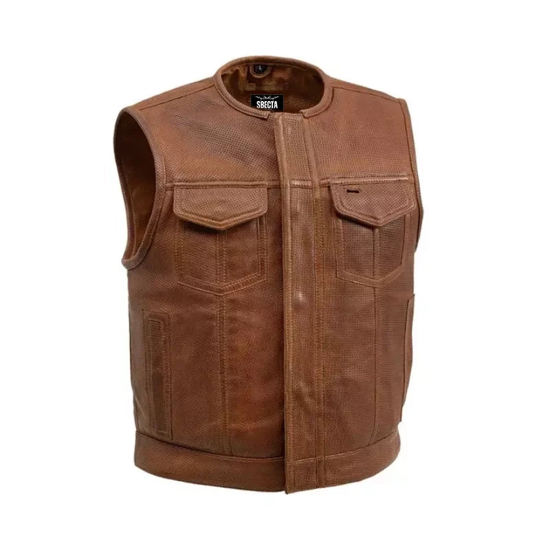 Men's Motorcycle Vest – Low Side Cut, Perforated Soft Genuine Cowhide Leather, Grid Pattern Biker Vest