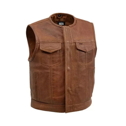 Men's Motorcycle Vest – Low Side Cut, Perforated Soft Genuine Cowhide Leather, Grid Pattern Biker Vest