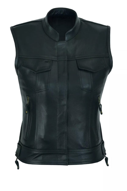 Women's Club Style Motorcycle Vest – Top Grain Cowhide Leather, Soft & Thick