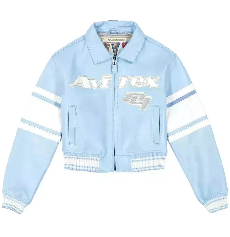 NEW Women’s Avirex Cropped Varsity Bomber Jacket – Blue Leather Y2K Icon NWT