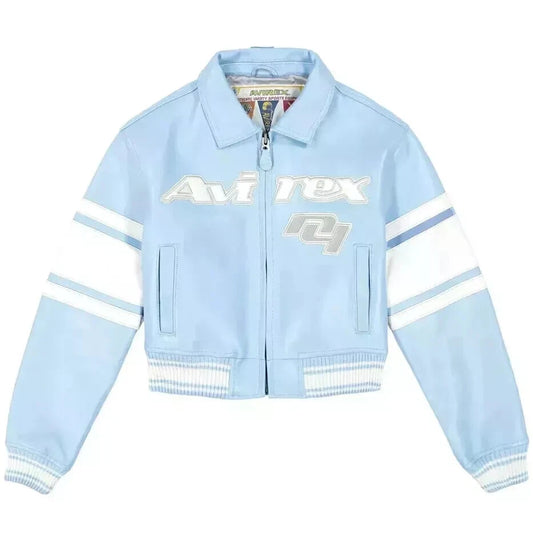 NEW Women’s Avirex Cropped Varsity Bomber Jacket – Blue Leather Y2K Icon NWT