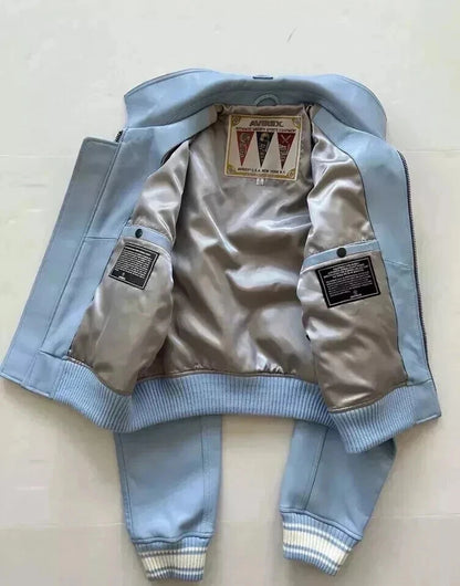 NEW Women’s Avirex Cropped Varsity Bomber Jacket – Blue Leather Y2K Icon NWT