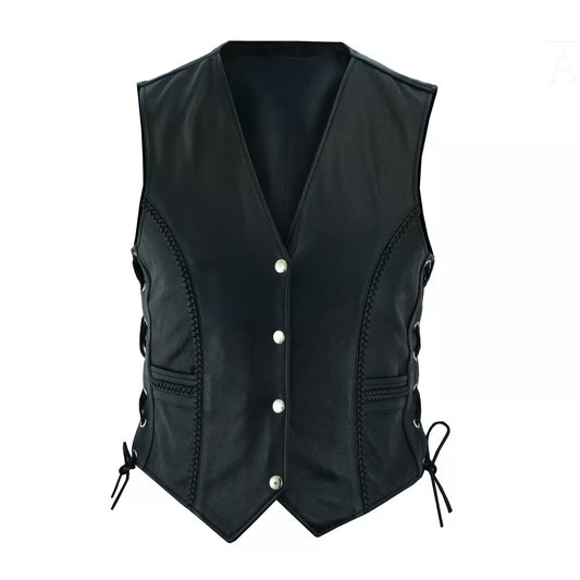 Ladies Biker Leather Vest – Soft Black Sheep Leather with Braided Trim