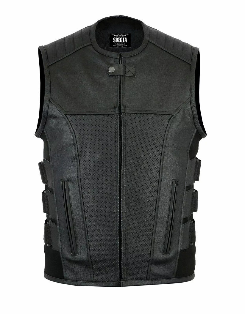 Men’s Real Leather Motorcycle Vest – Side Buckle Style, Lightweight Grid Leather for Summer Riders
