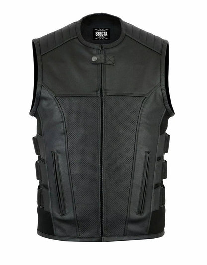 Men’s Real Leather Motorcycle Vest – Side Buckle Style, Lightweight Grid Leather for Summer Riders