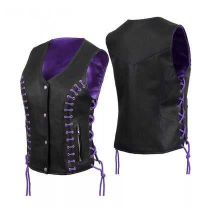 Women's Purple & Black Buffalo Leather Vest – Stylish Eyelet Design