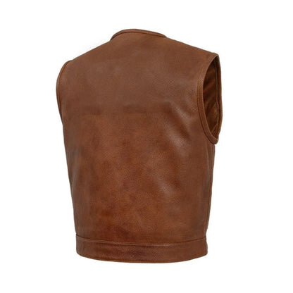 Men's Motorcycle Vest – Low Side Cut, Perforated Soft Genuine Cowhide Leather, Grid Pattern Biker Vest
