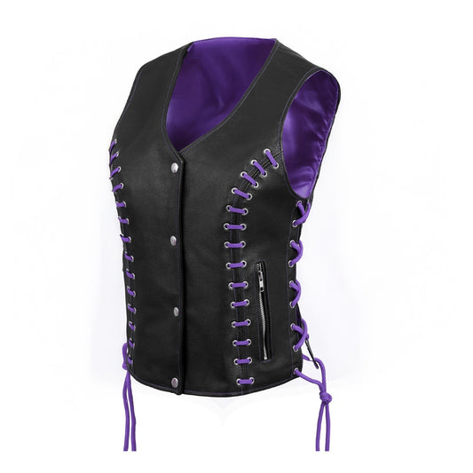 Women's Purple & Black Buffalo Leather Vest – Stylish Eyelet Design