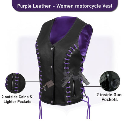 Women's Purple & Black Buffalo Leather Vest – Stylish Eyelet Design