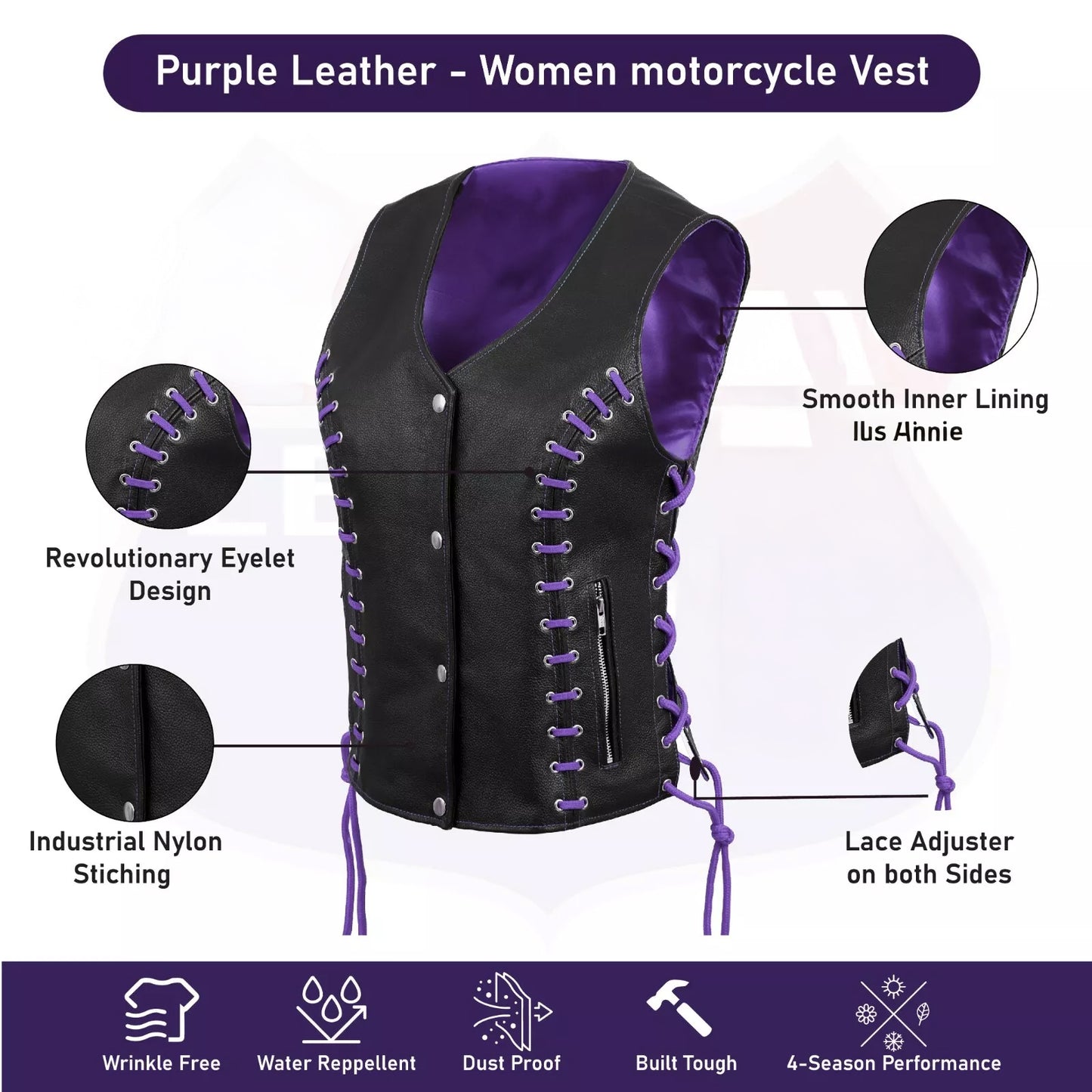Women's Purple & Black Buffalo Leather Vest – Stylish Eyelet Design