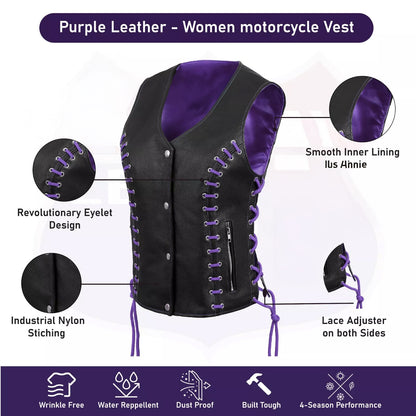 Women's Purple & Black Buffalo Leather Vest – Stylish Eyelet Design
