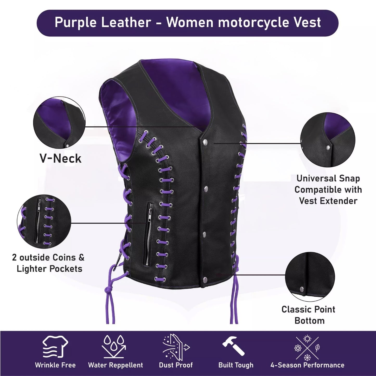Women's Purple & Black Buffalo Leather Vest – Stylish Eyelet Design