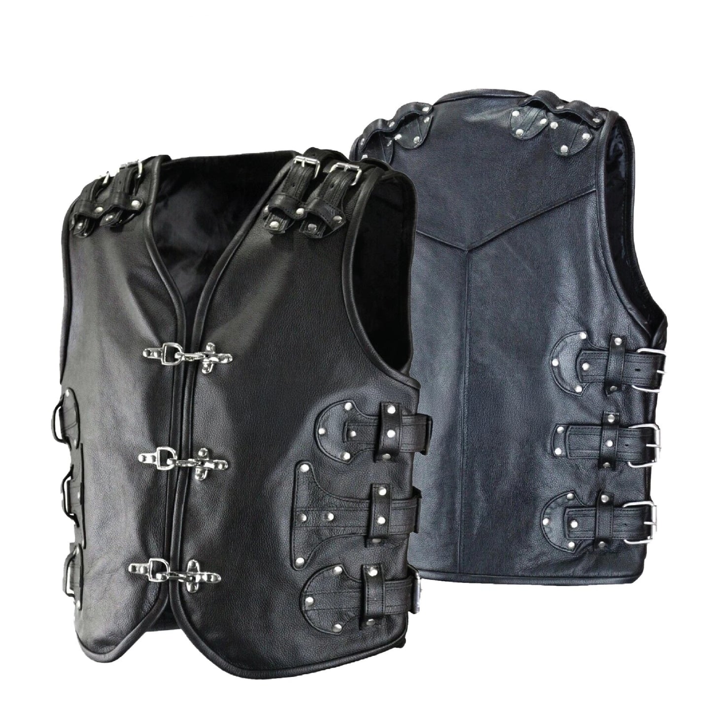 Men's Gothic Biker Leather Vest – Heavy-Duty Buckle & Strap Design | Club Style Motorcycle Waistcoat