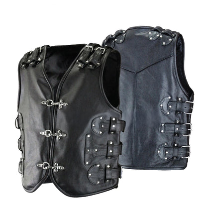 Men's Gothic Biker Leather Vest – Heavy-Duty Buckle & Strap Design | Club Style Motorcycle Waistcoat