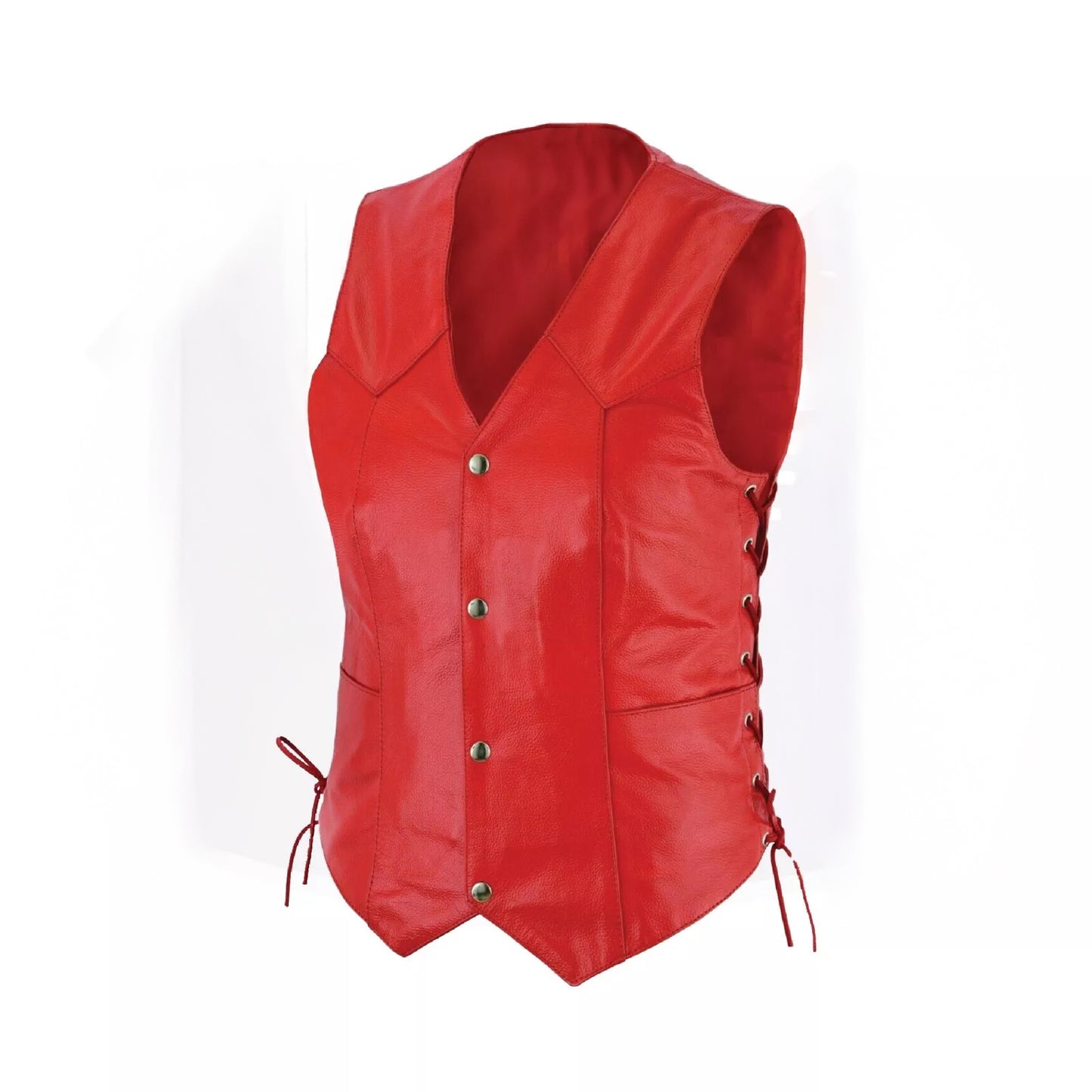 Women's Red Leather Motorcycle Vest – Gun Pockets & Easy Patch Sewing