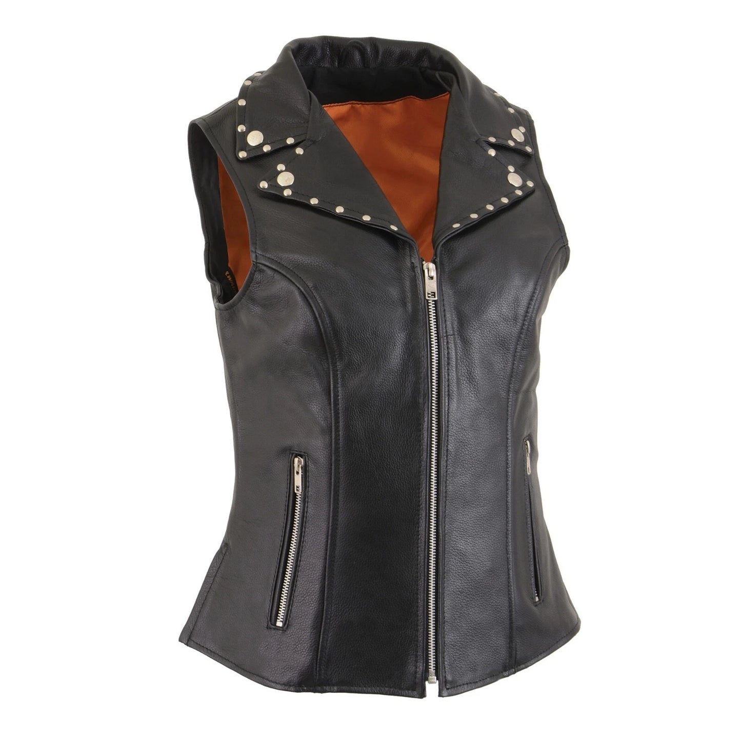 Ladies Black Leather Biker Vest – Riveted Lapel Collar Design