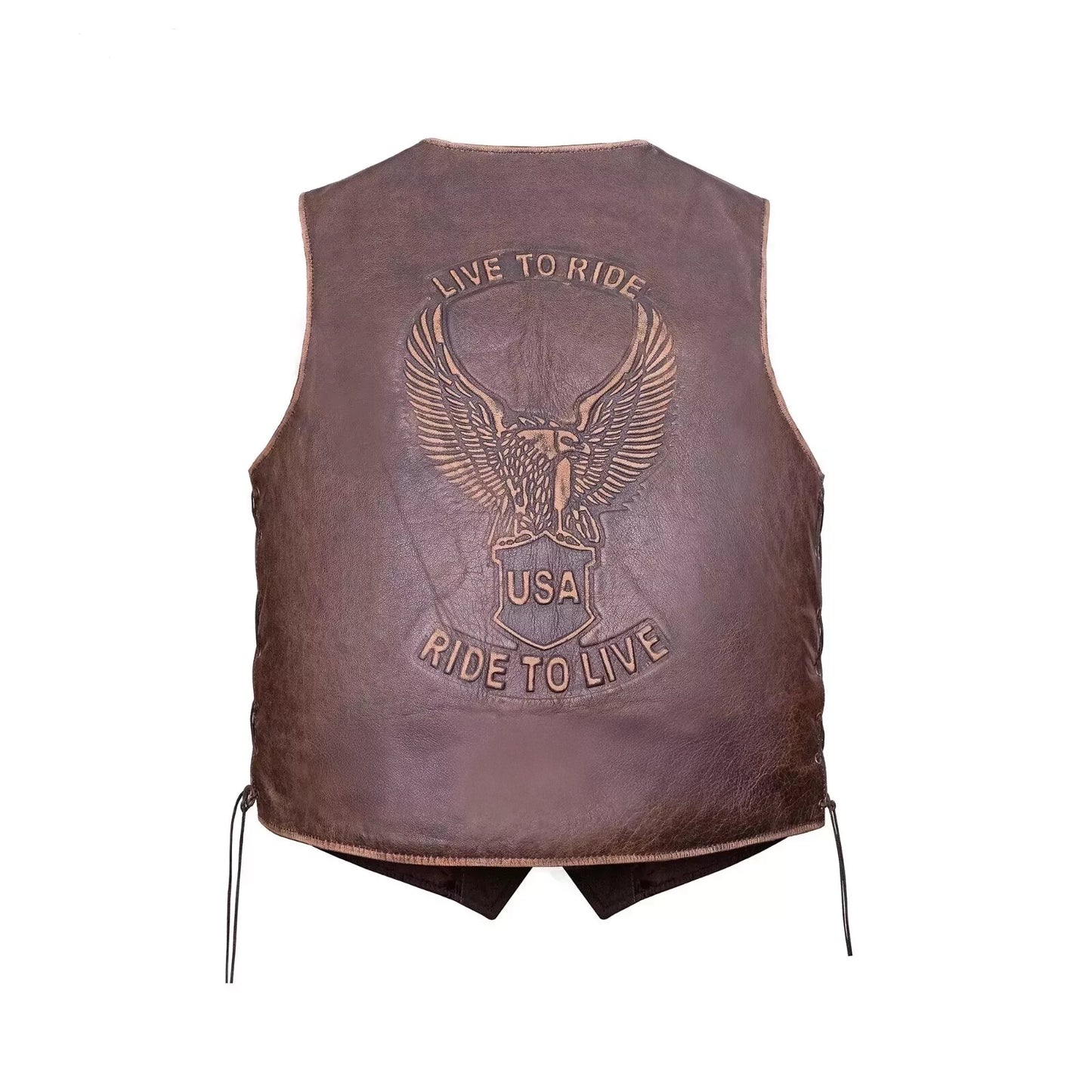Men Famous Biker Style Cow Soft Leather Vest Live To Ride With Eagle Emboss Vest