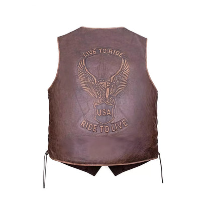 Men Famous Biker Style Cow Soft Leather Vest Live To Ride With Eagle Emboss Vest