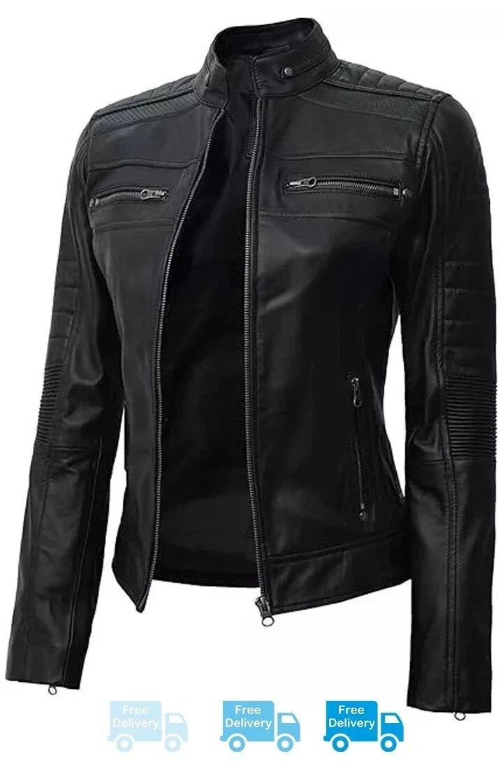 Women's Cafe Racer Lambskin Leather Jacket – Soft, Stylish Motorcycle Fashion