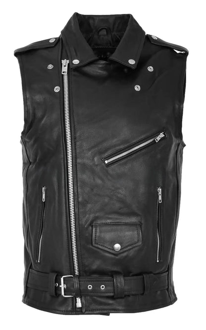 Men's Black Biker Leather Vest – Asymmetrical Zipper Motorcycle Club Style