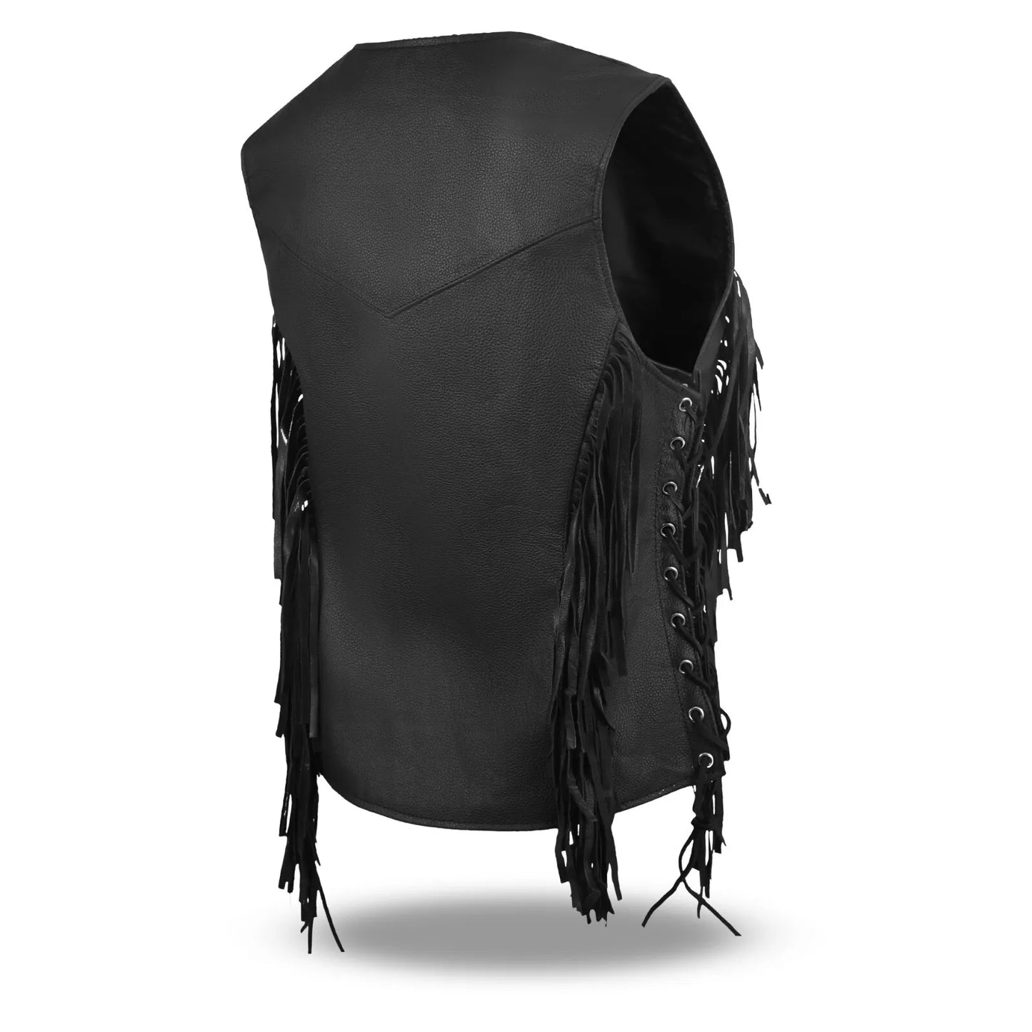 Women's Black Buffalo Leather Vest – Fringe Detail & Side Lace