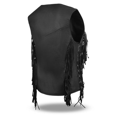 Women's Black Buffalo Leather Vest – Fringe Detail & Side Lace