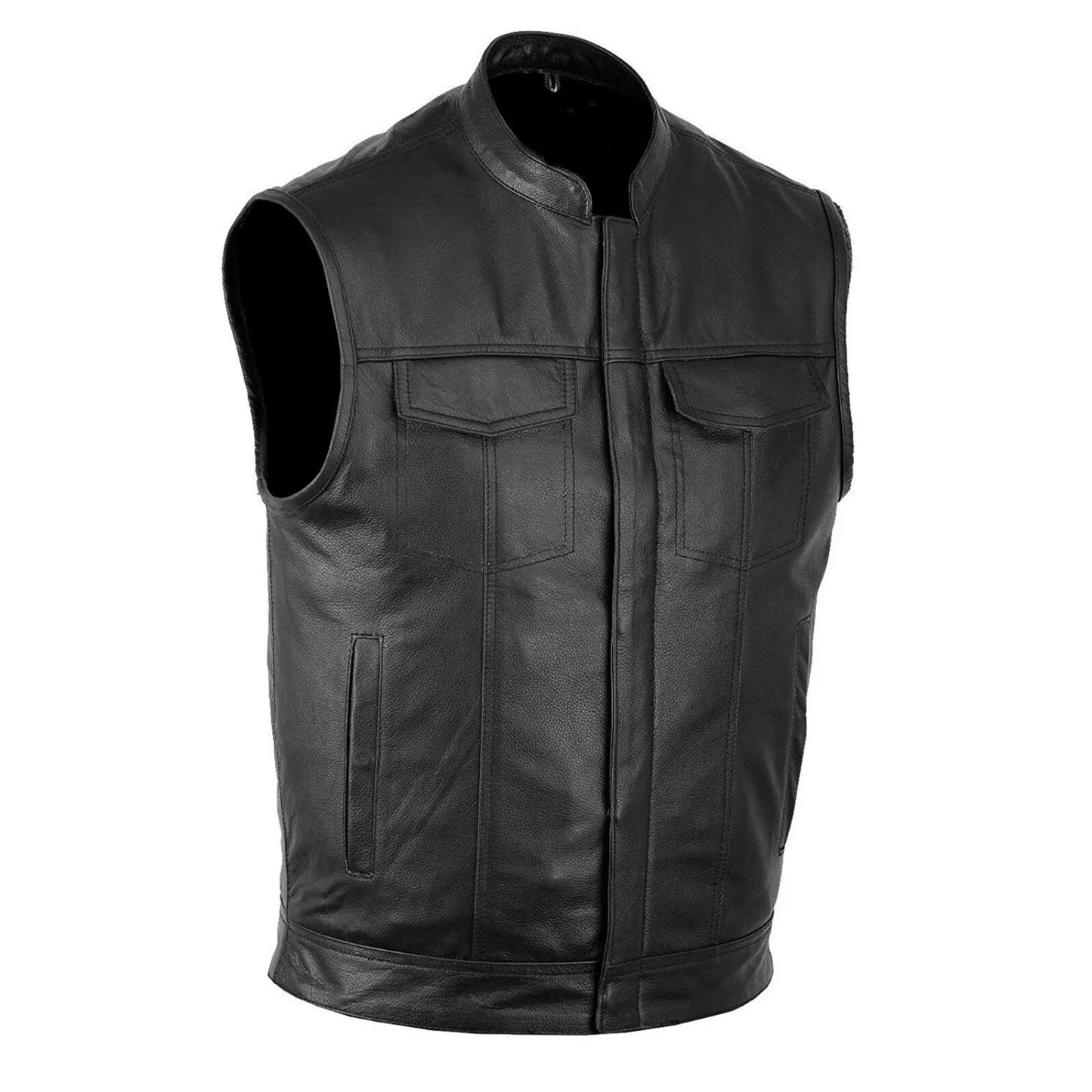 Men's Motorcycle Club Leather Vest – Concealed Carry, Solid Back for Patches