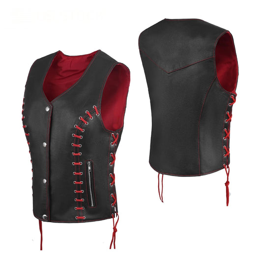 Women's Red & Black Buffalo Leather Vest – Stylish Eyelet Detailing