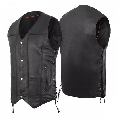 Men's Black Genuine Leather Motorcycle Vest – Multi-Pocket Biker Style Riding Gear