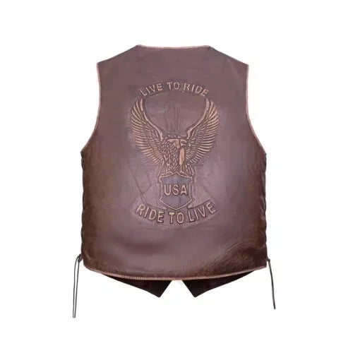 Men Famous Biker Style Cow Soft Leather Vest Live To Ride With Eagle Emboss Vest