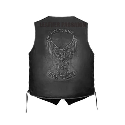 Men Biker Style Vest, Soft Cow Leather Live To Ride With Eagle Emboss Vest,